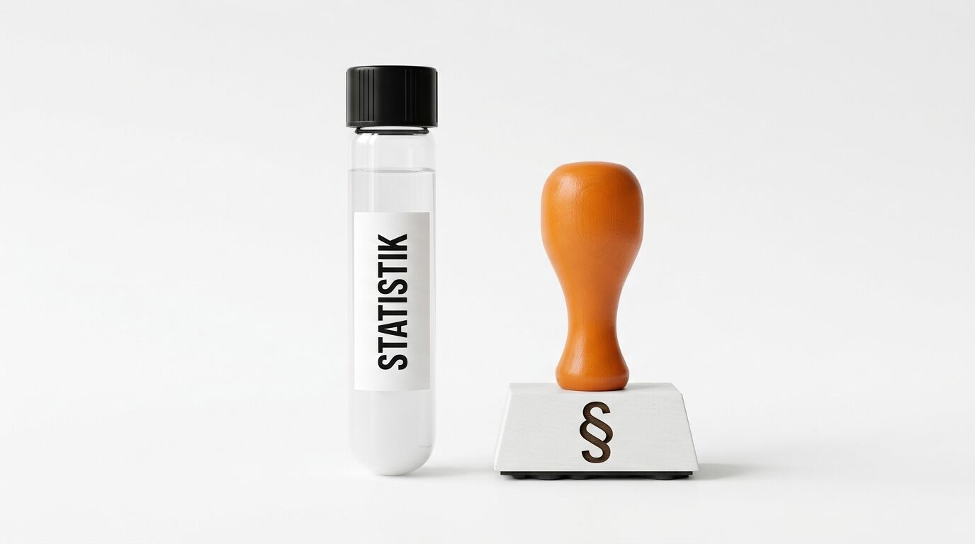 Ein Reagenzglas mit der Aufschrift „STATISTIK“ und ein Stempel mit Paragrafenzeichen stehen nebeneinander