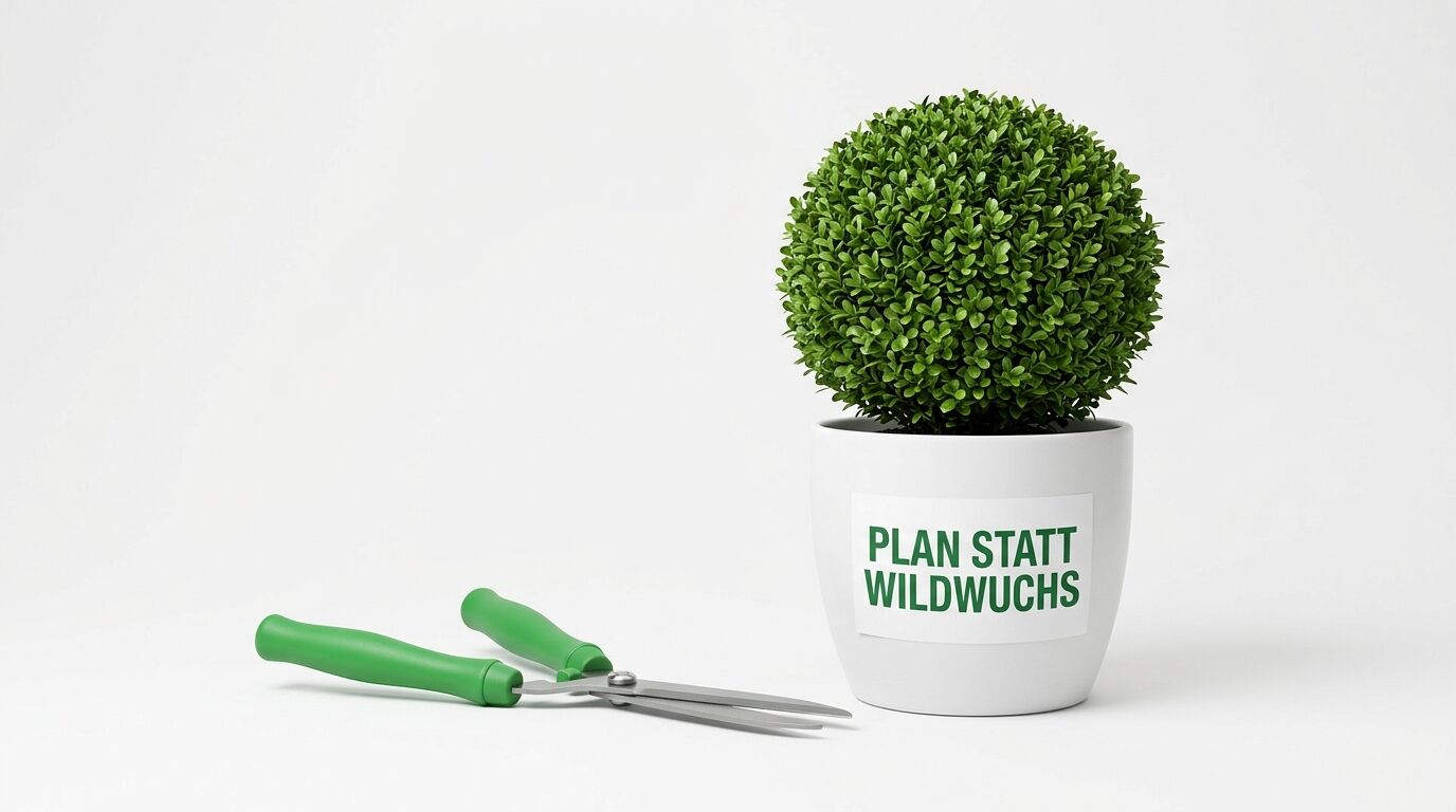 Formschnitt-Pflanze im Topf mit Aufschrift „PLAN STATT WILDWUCHS“ und einer Gartenschere daneben