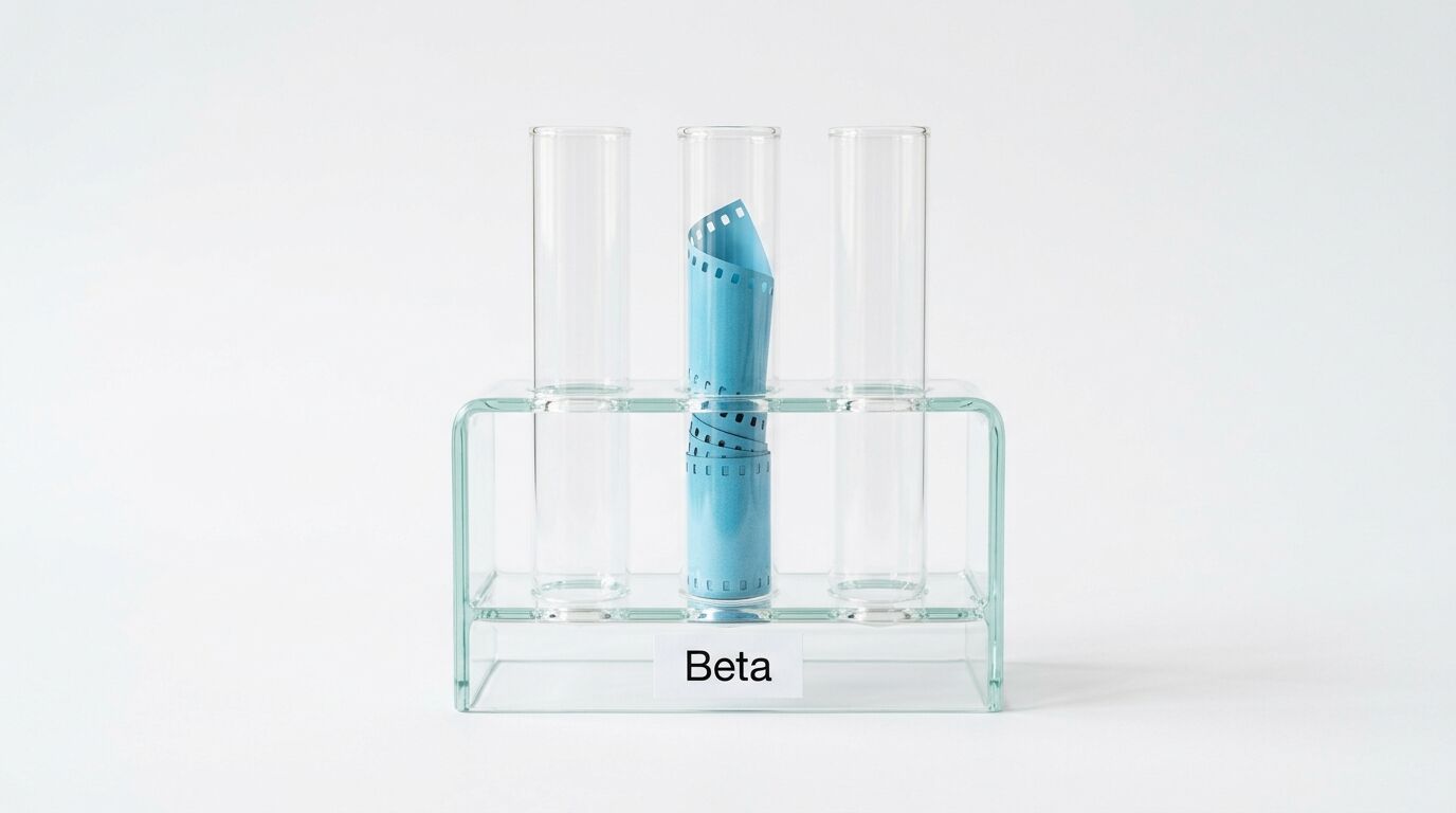 Drei Reagenzgläser in Halterung, mittleres mit Filmrolle, Schild „Beta“ vorne