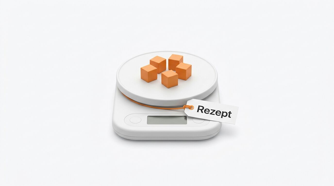 Fünf orangefarbene Würfel liegen auf einer digitalen Küchenwaage mit einem „Rezept“-Schildchen