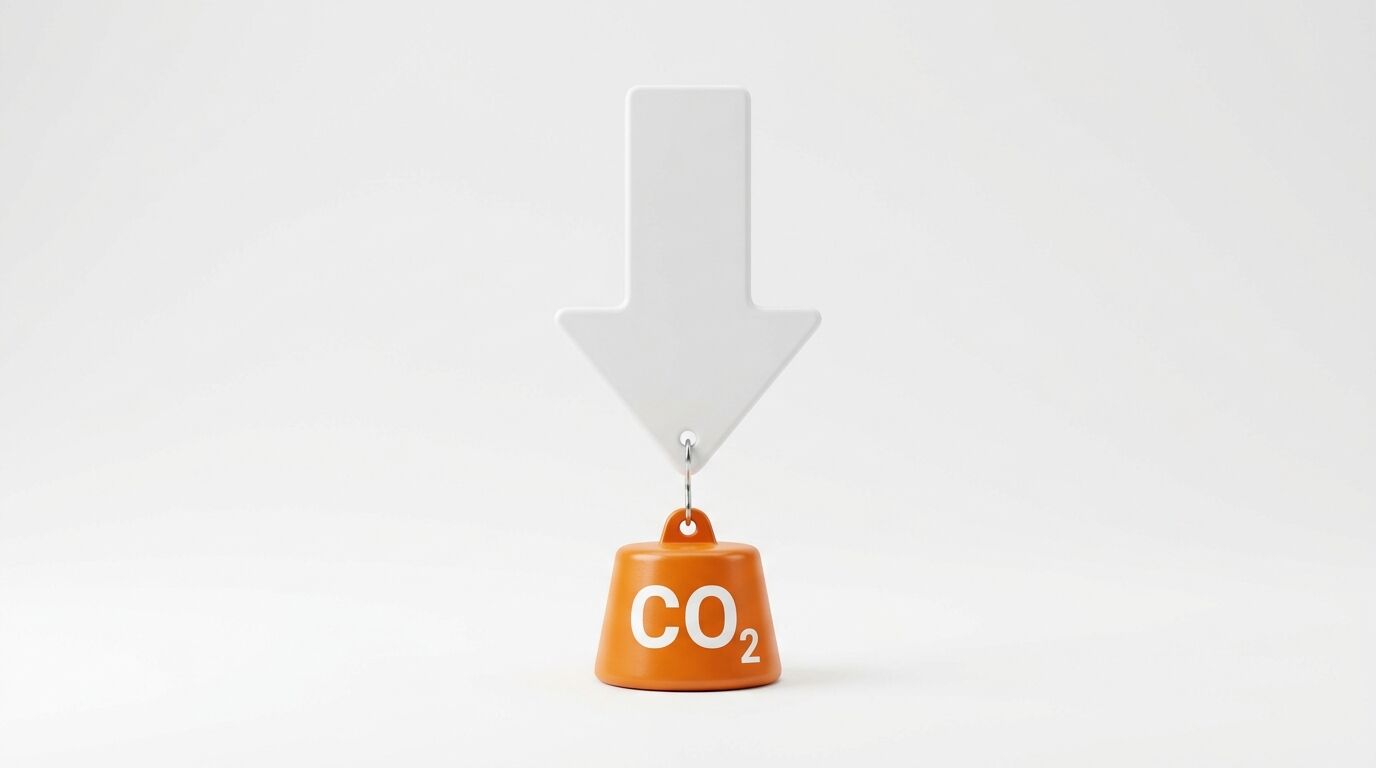 Weißer Pfeil nach unten über orangefarbenem Gewicht mit Aufschrift CO₂