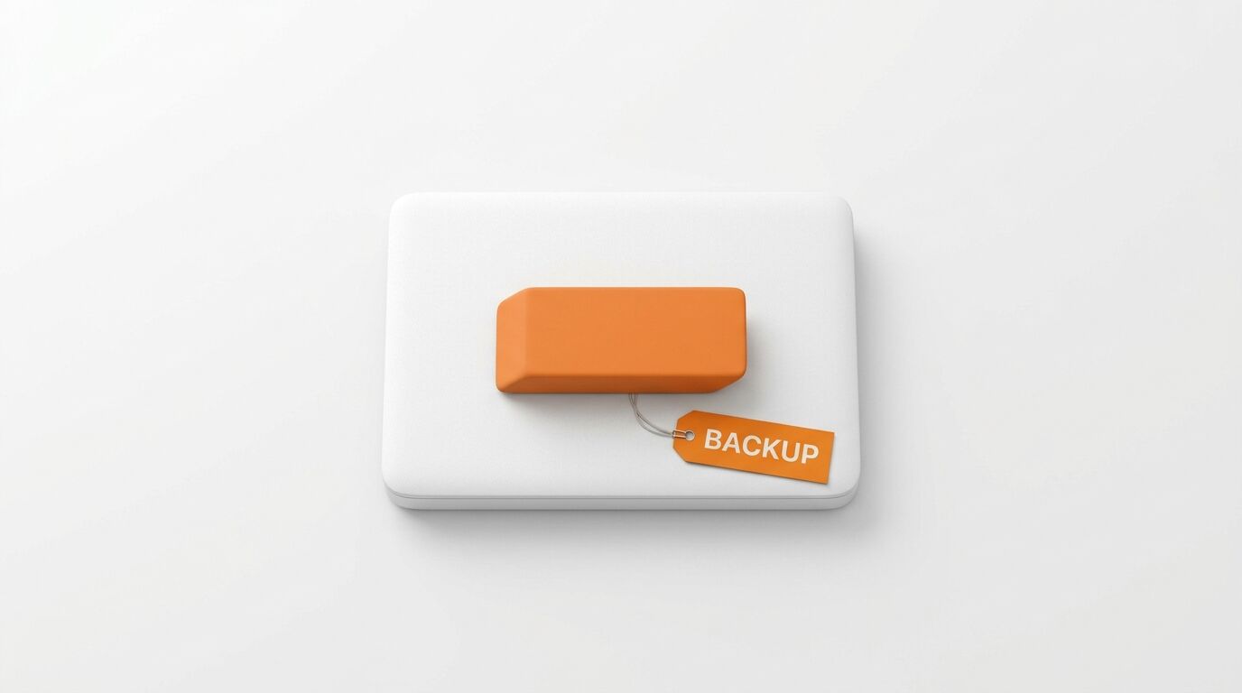 Oranges Rechteck auf weißem Block mit orangefarbenem Anhänger und Text „BACKUP“