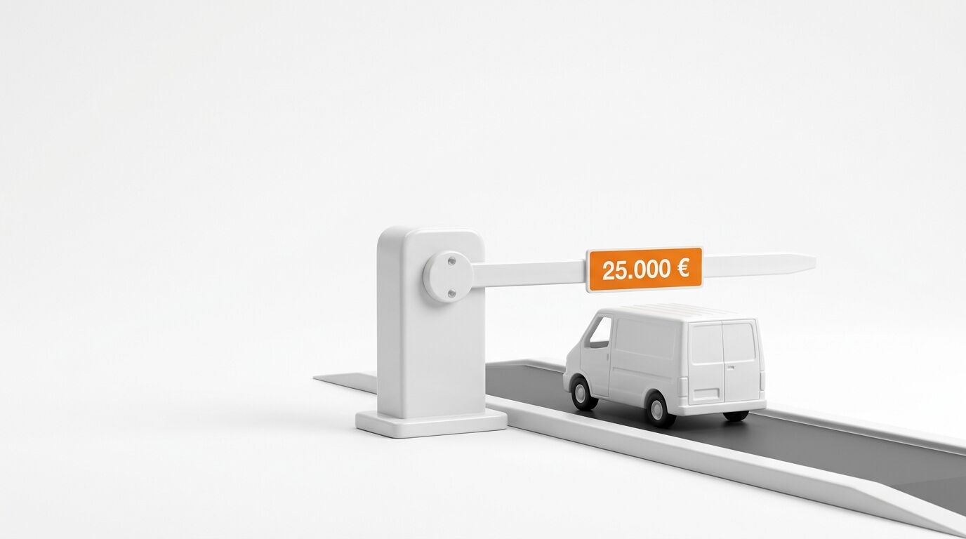 Transporter fährt unter Mautschranke hindurch. Schranke hat Preisschild „25.000 €“
