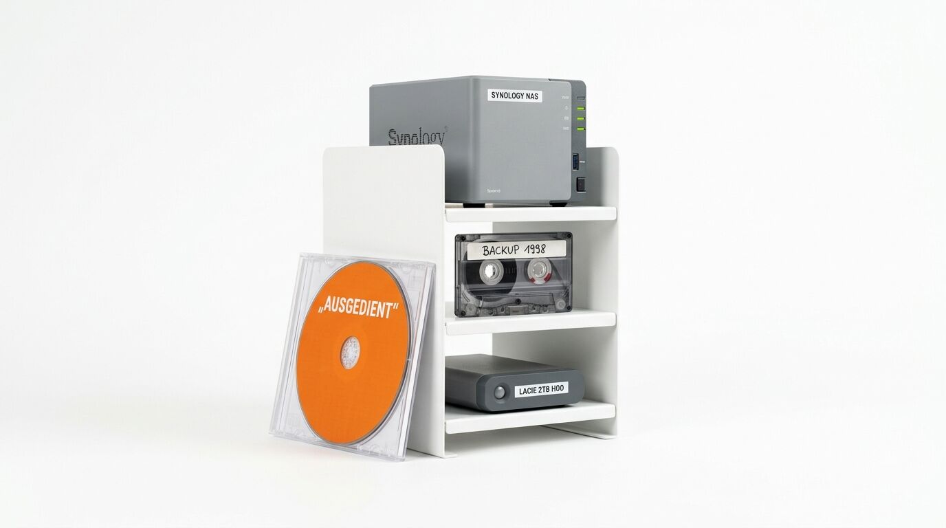 Regal mit NAS, Kassette, HDD und einer orangefarbenen CD auf weißem Hintergrund