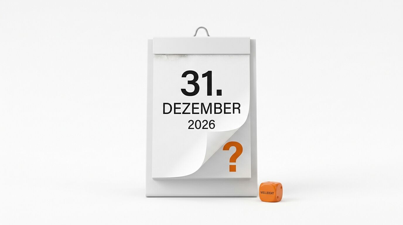 Kalender zeigt 31. DEZEMBER 2026, umgeknickte Ecke mit Fragezeichen, oranger Würfel mit „VIELLEICHT“