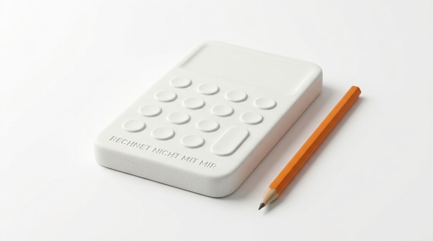 Rechner-Skulptur mit Text und Bleistift