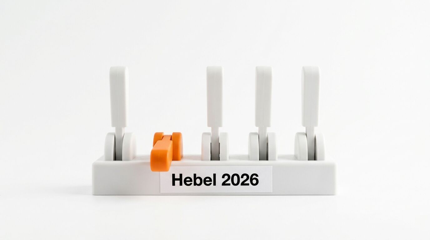 Vier weiße Hebel oben, ein oranger Hebel unten, Beschriftung