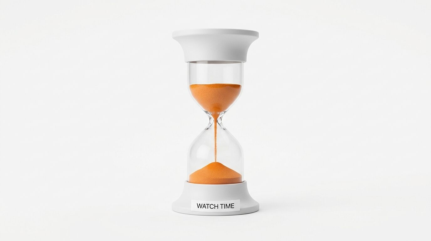 Moderne Sanduhr mit oranger Fühlung auf Weiß, Sockel mit Aufschrift „WATCH TIME“
