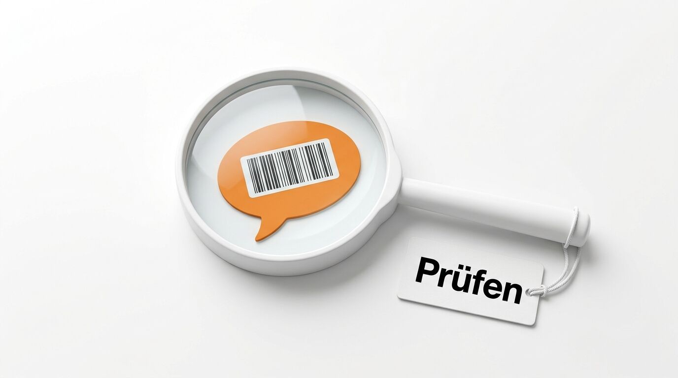 Lupe über orange Sprechblase mit Barcode und Etikett mit Aufschrift „Prüfen“ auf Weiß