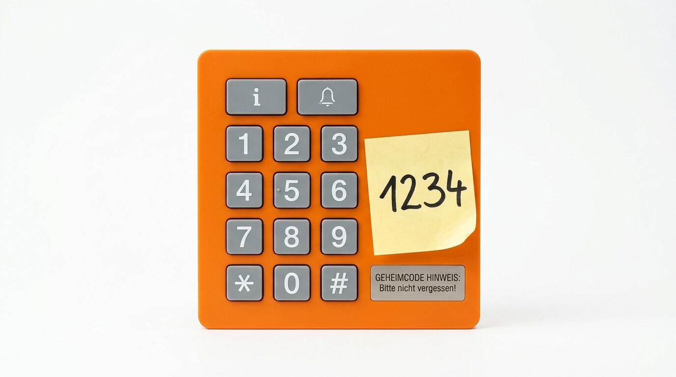 Oranges Tastenfeld mit Ziffern, Notizzettel „1234“ und Text „GEHEIMCODE HINWEIS: Bitte nicht vergessen!“