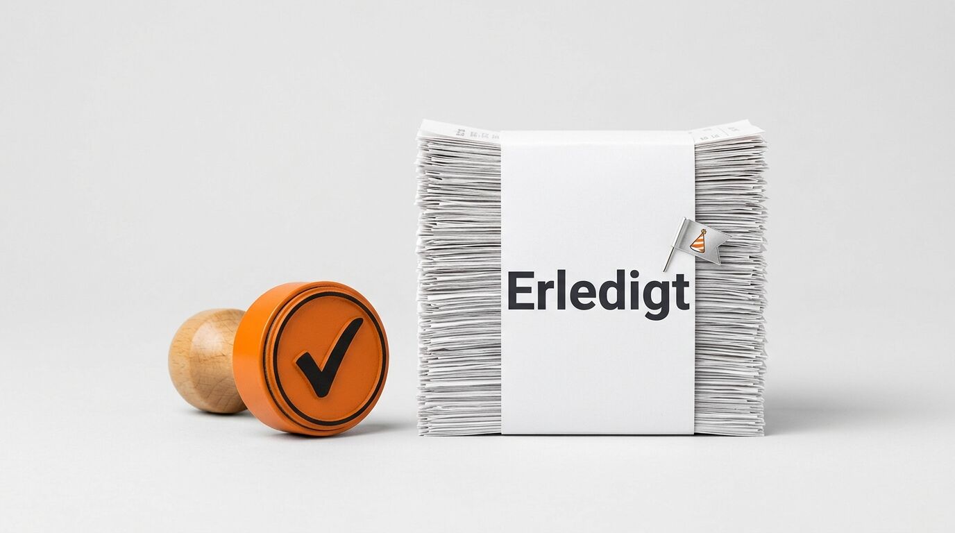Papierstapel mit Banderole, Text „Erledigt“ und Pin, daneben Holzstempel mit Häkchen