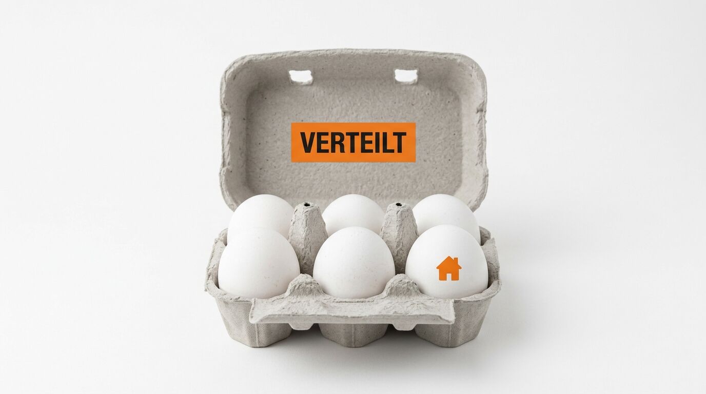 Eierkarton mit „VERTEILT“-Schriftzug und Ei mit Haussymbol