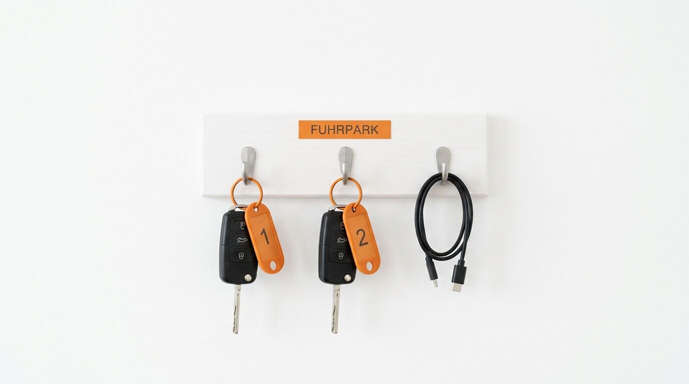 Ein weißes Schlüsselbrett mit drei Haken und der Aufschrift FUHRPARK. An den linken beiden Haken hängt jeweils ein Autoschlüssel mit einem orangefarbenen Anhänger, der mit einer Nummer (1 und 2) und einem Autosymbol versehen ist. An dem rechten Haken hängt ein schwarzes Ladekabel