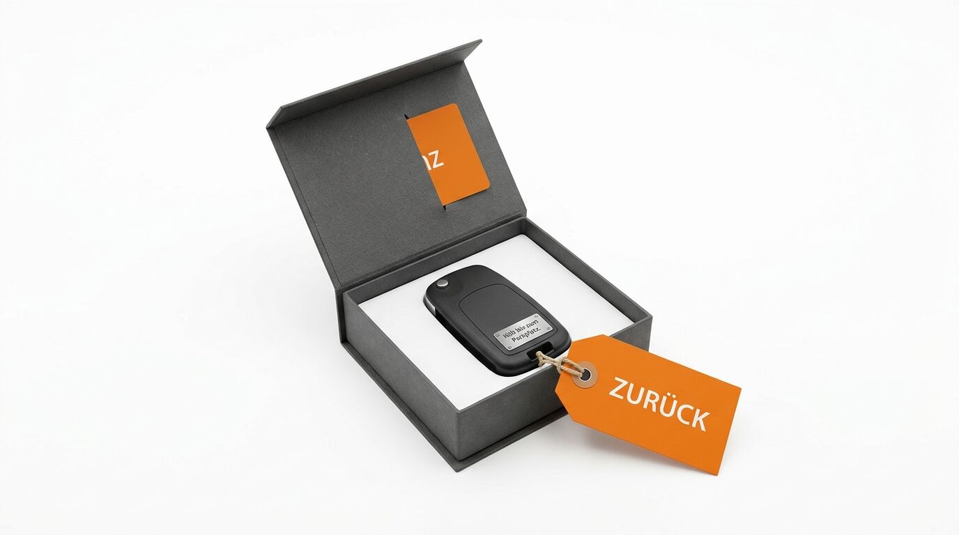 Graue Geschenkbox mit schwarzem Funkschlüssel, orangefarbenem Anhänger und zwei Karten