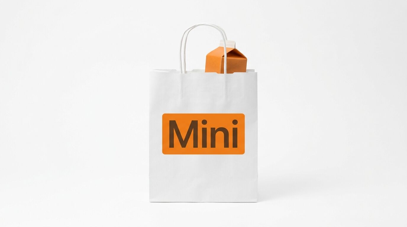 Weiße Papiertüte mit orangefarbenem Aufkleber „Mini“, in der ein kleiner brauner Karton steckt