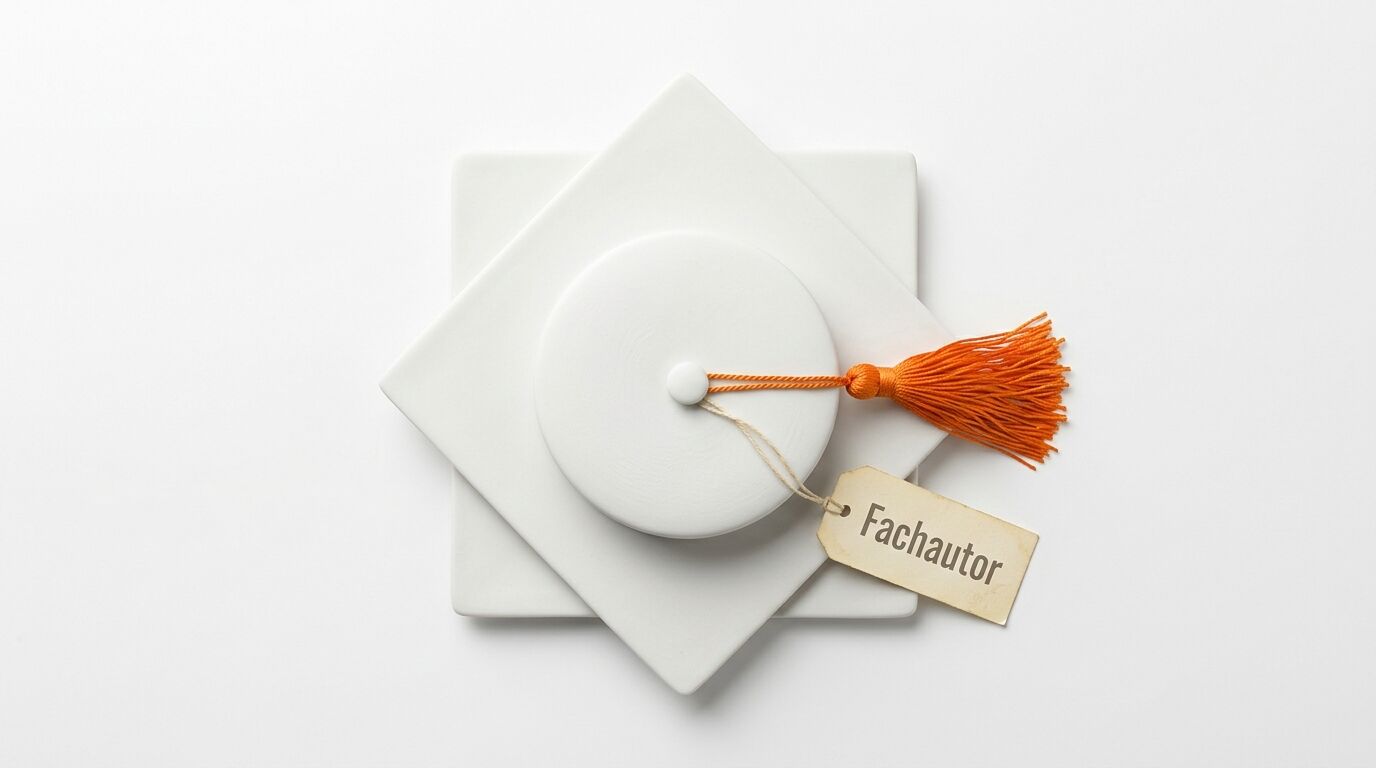 Draufsicht eines Doktorhuts mit orangefarbener Quaste und Anhänger „Fachautor“