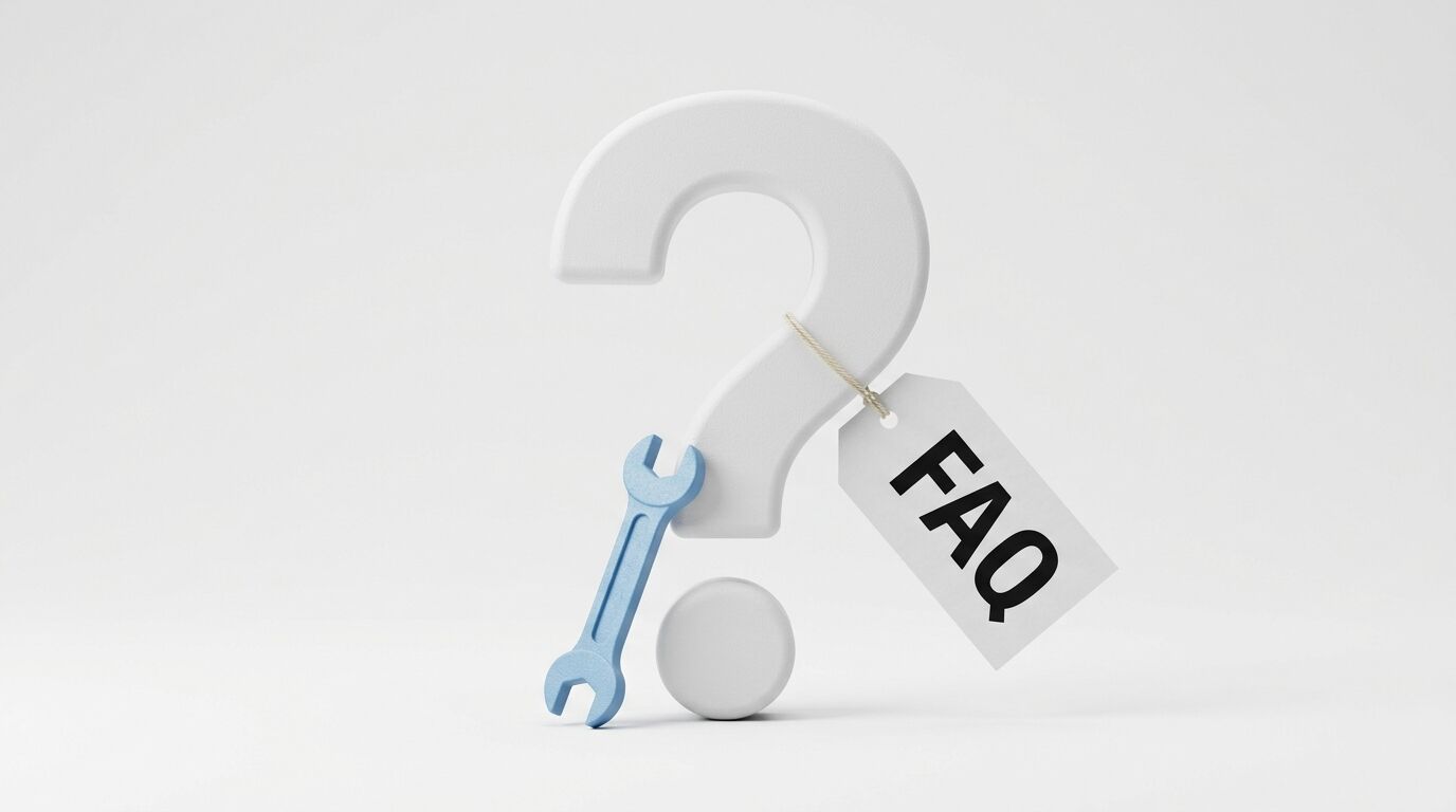 Weißes Fragezeichen mit blauem Gabelschlüssel und einem Anhänger mit der Aufschrift FAQ