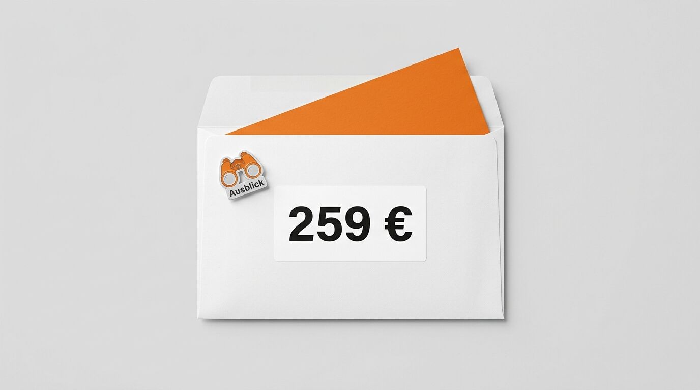 Briefumschlag mit orangefarbener Einlage, Betrag 259 € und Fernglas-Anstecker auf weißem Hintergrund