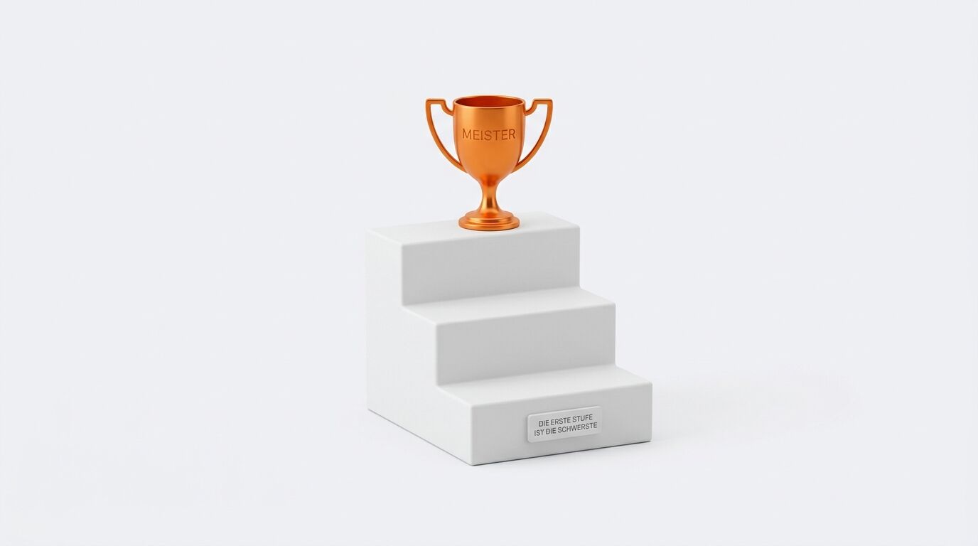 Kupferner Meisterpokal auf dreistufigem weißem Podest mit Spruchschild auf weißem Hintergrund