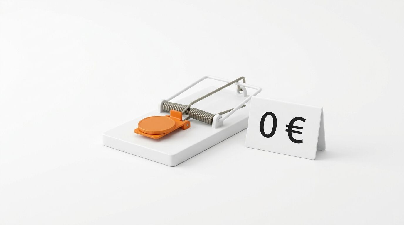 Mausefalle mit Euro-Köder und Preisschild „0 €“ vor weißem Hintergrund