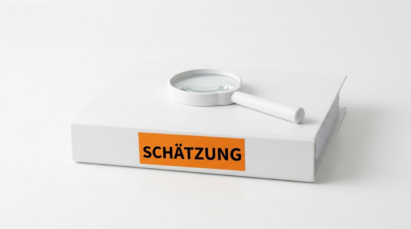 Weißes Buch mit orangem „SCHÄTZUNG“-Schild, darauf eine weiße Lupe, vor weißem Hintergrund