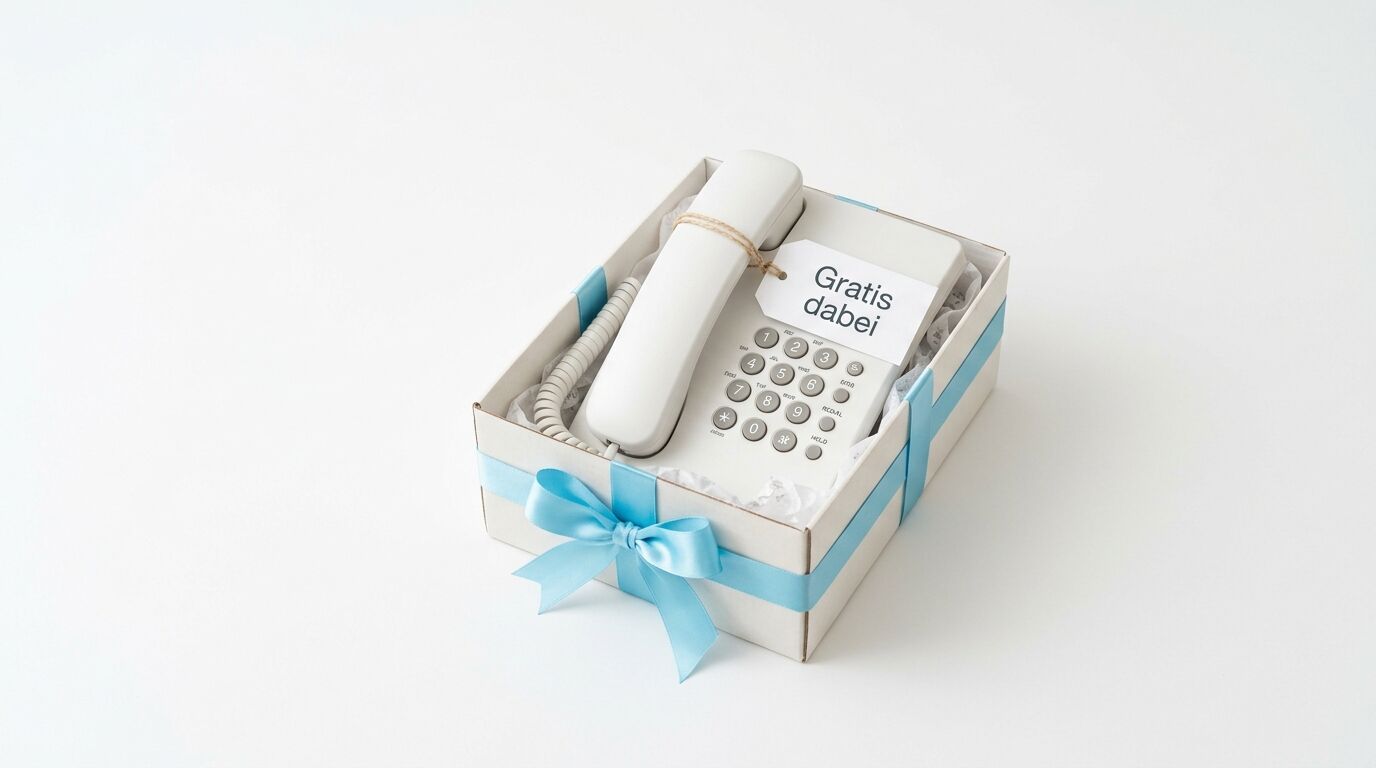 Ein weißes Telefon in einer Geschenkbox mit hellblauer Schleife und Anhänger