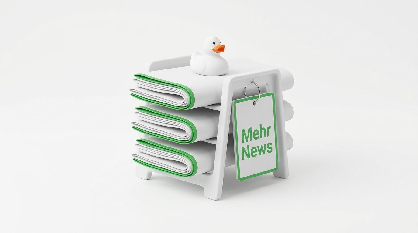 Zeitungsstapel in Ständer mit Badeente und Schild „Mehr News“ vor weißem Hintergrund