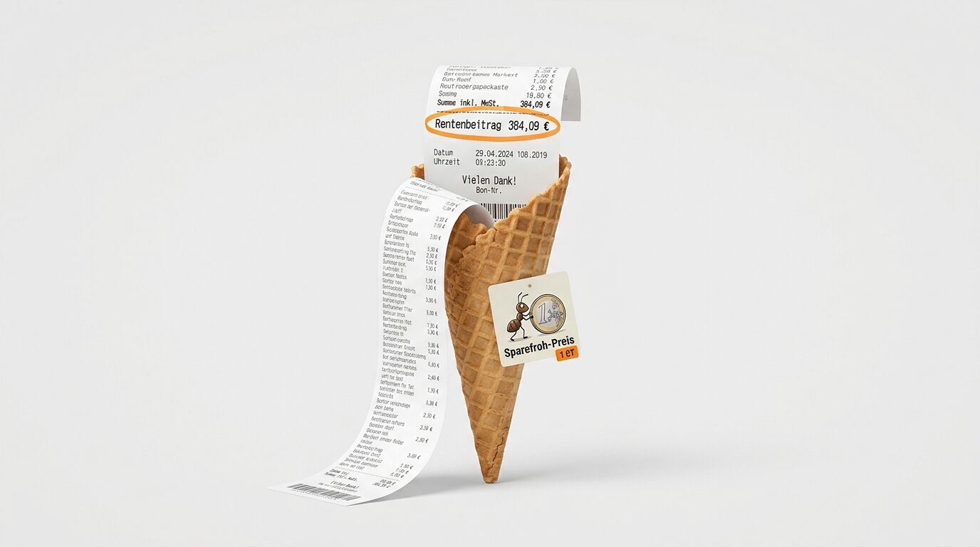 Eine Waffel auf hellem Grund, in der ein Kassenbon mit eingekreistem Betrag steckt