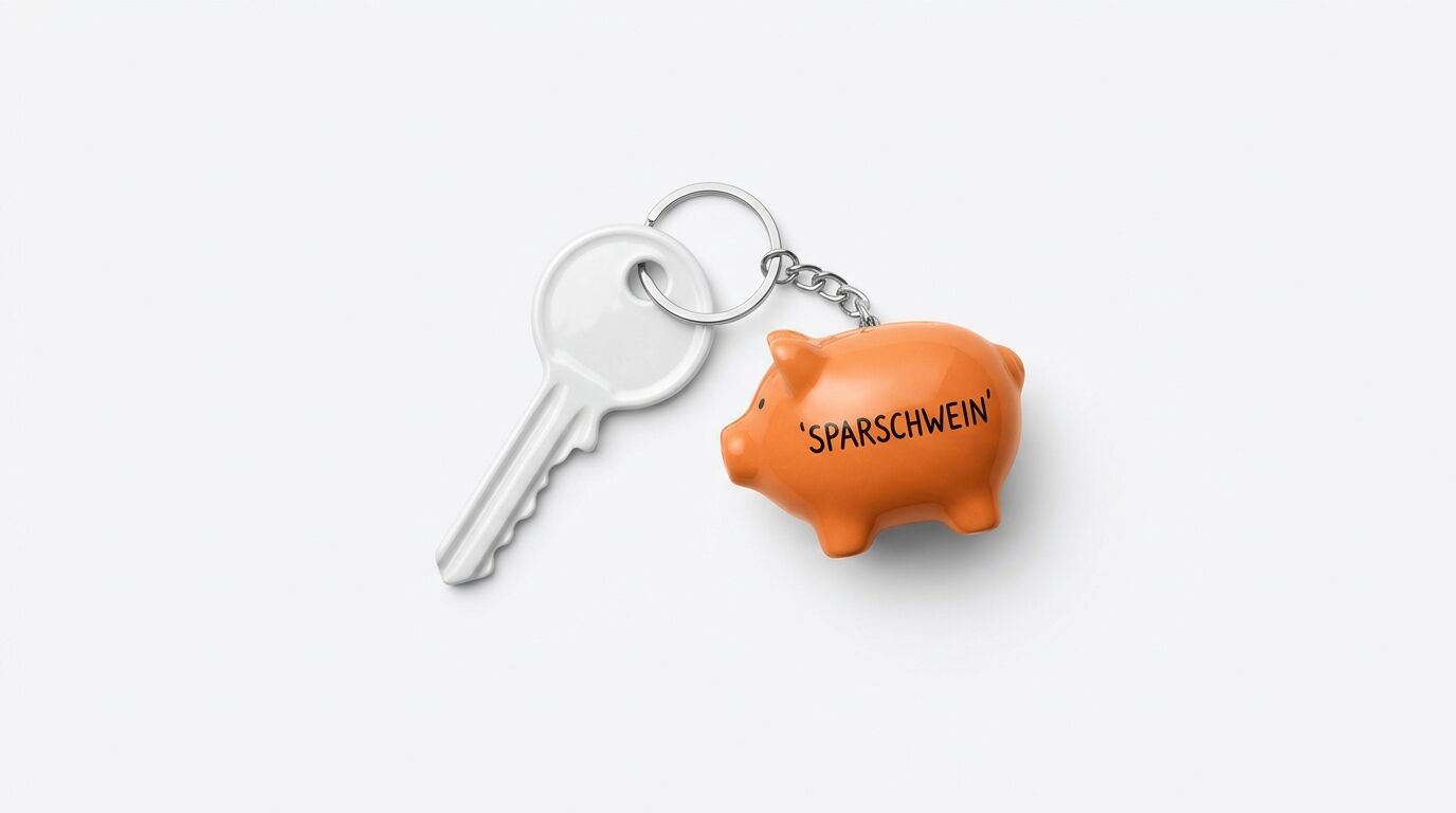 Heller Schlüssel mit orangefarbenem Sparschwein-Anhänger am Metallring