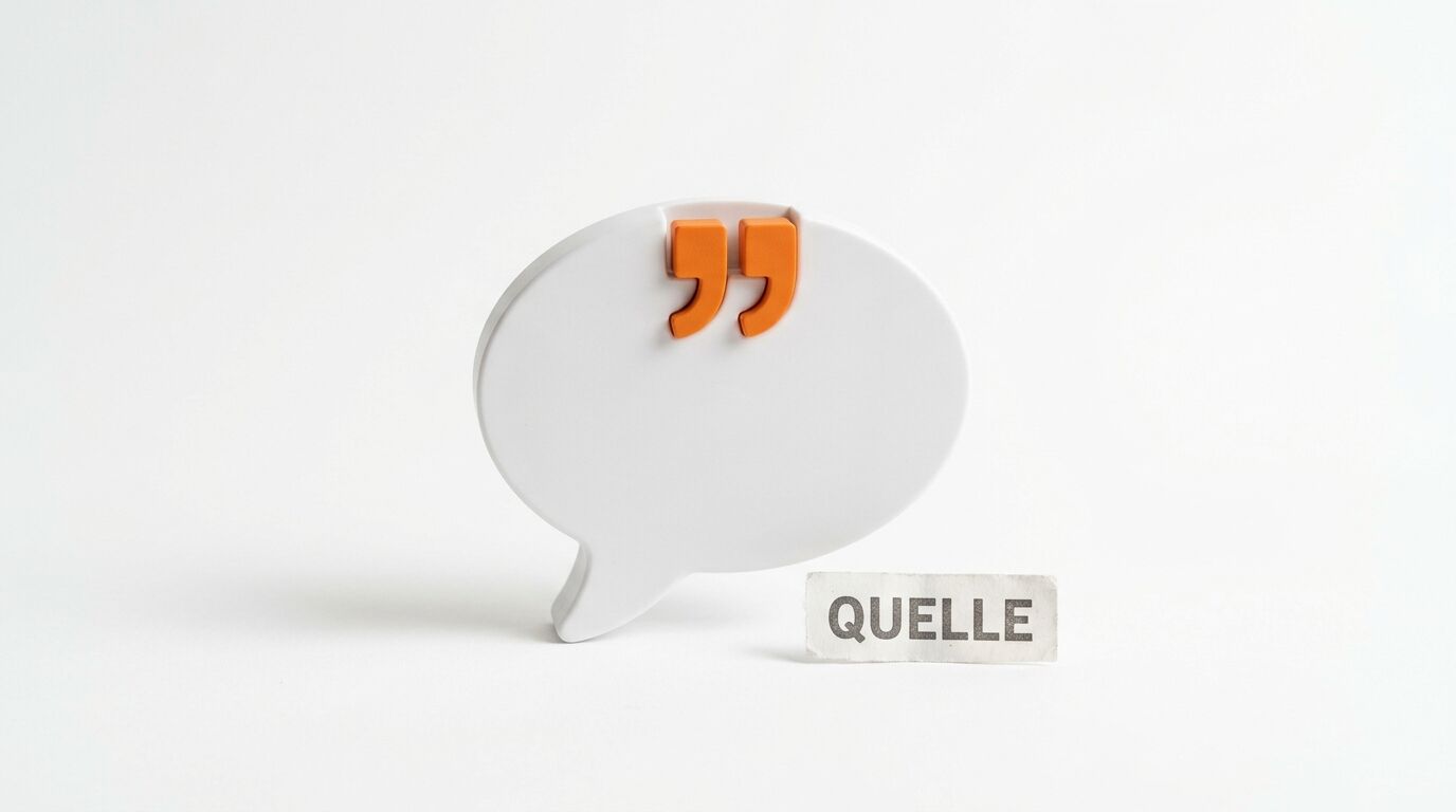 Weiße Sprechblase mit orangefarbenen Anführungszeichen, rechts ein Papierschnipsel mit „QUELLE“