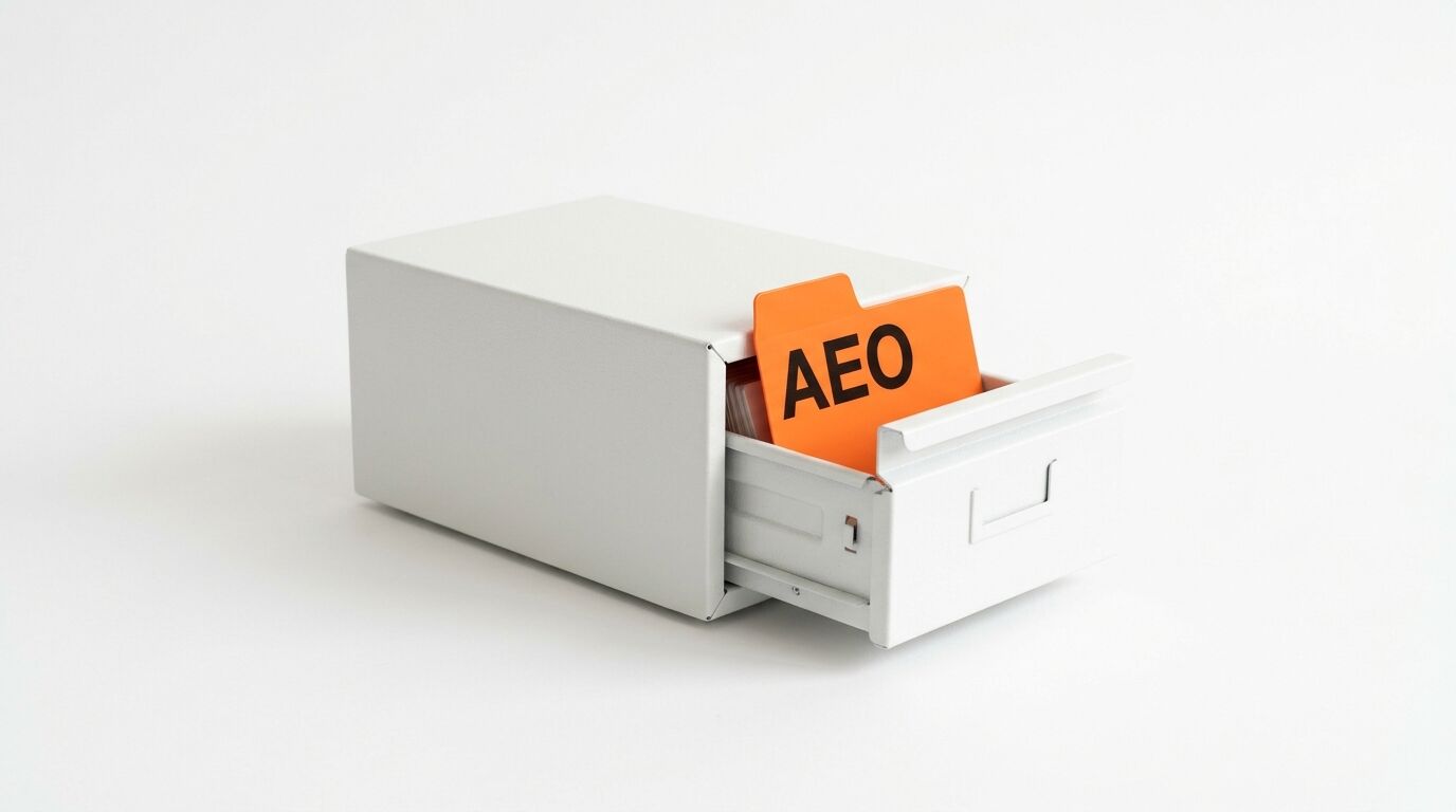 Kleine weiße Registraturschublade mit einer heraufragenden orangefarbenen Trennkarte mit Aufschrift