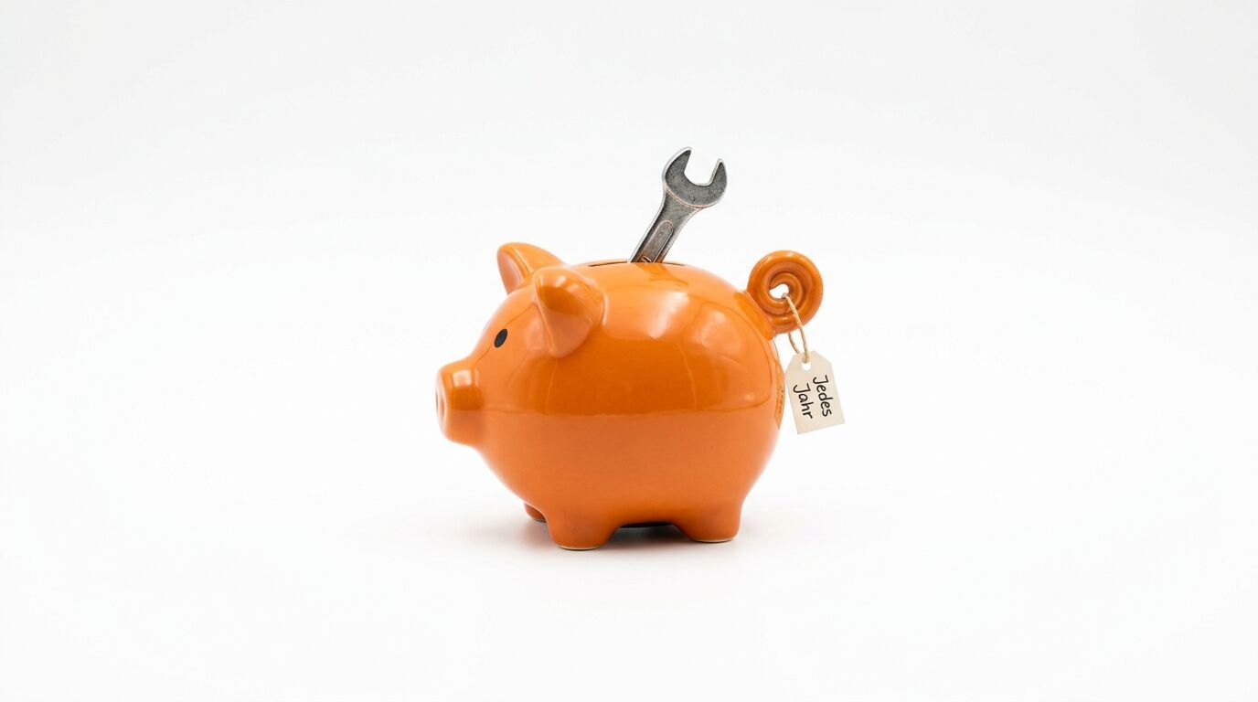 Ein orangerotes Sparschwein mit einem Gabelschlüssel im Schlitz und einem Etikett am Schwanz