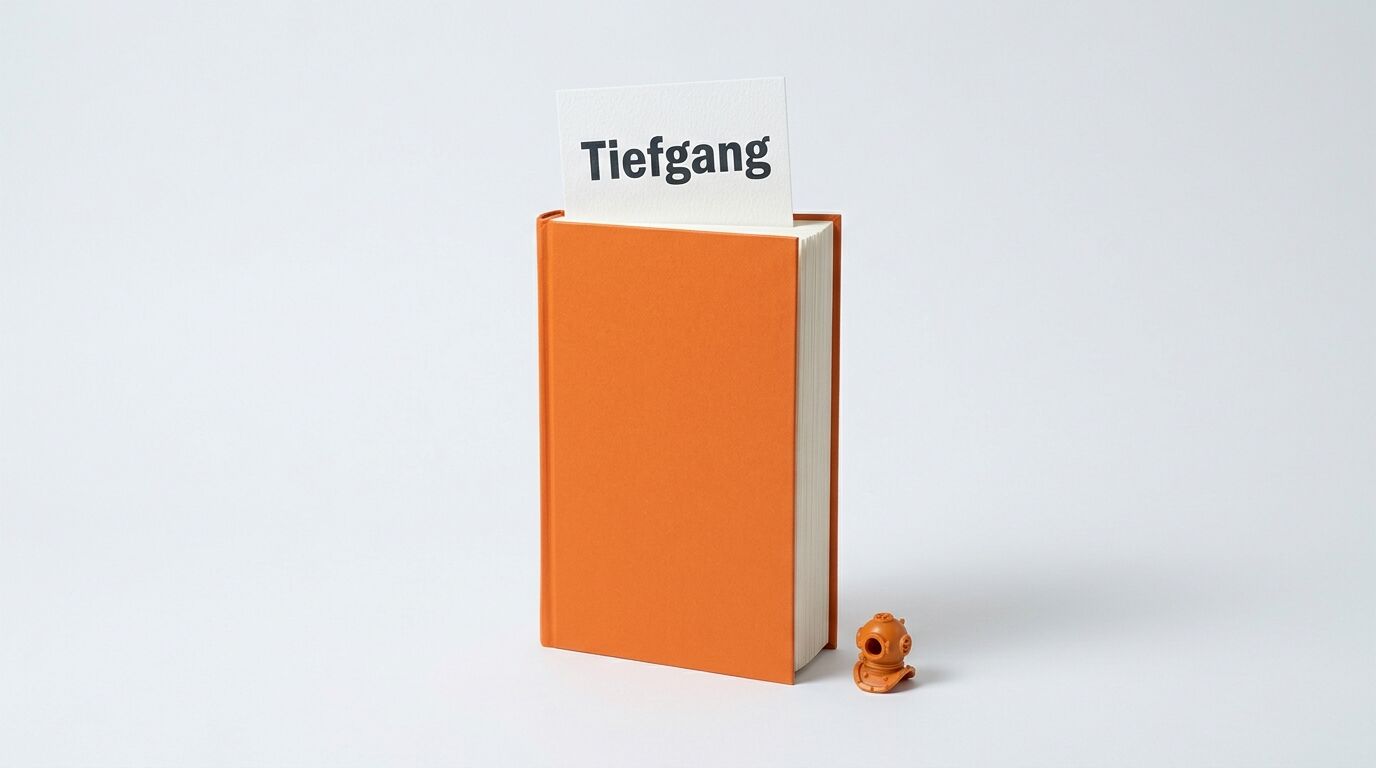 Oranges Buch, eine Karte mit dem Wort „Tiefgang“ oben, und eine Taucherhelm-Figur rechts