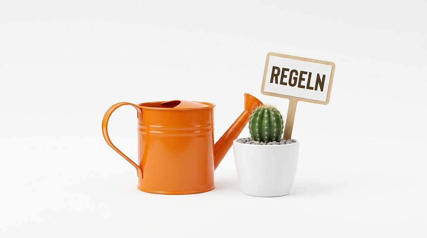 Orange Gießkanne, Kaktus im Topf und ein Holzschild mit der Aufschrift REGELN auf Weiß