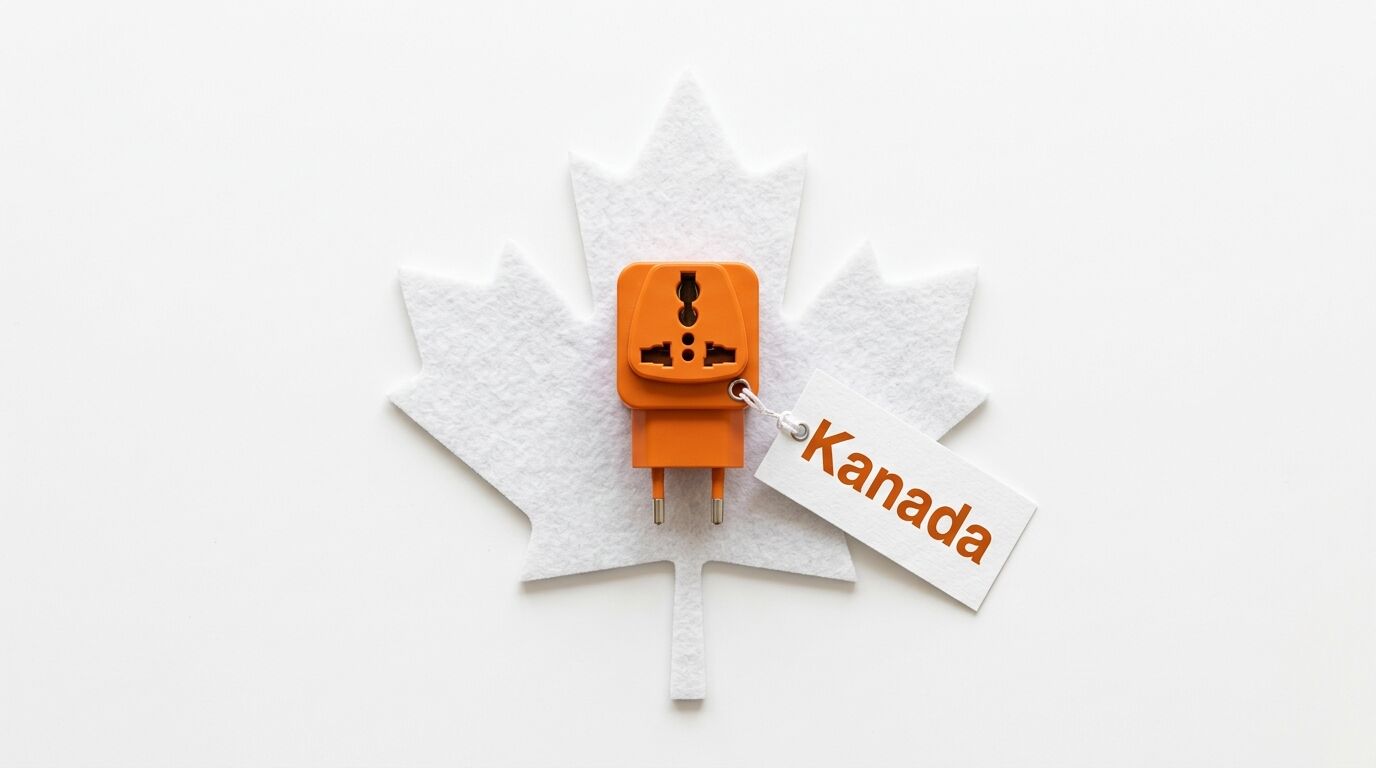 Ein oranger Reiseadapter liegt auf einem weißen Filz-Ahornblatt mit Etikett „Kanada“