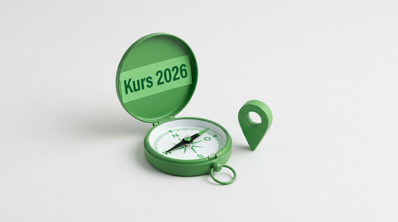 Grüner Kompass zeigt Kurs 2026, daneben ein Pin auf weißem Grund
