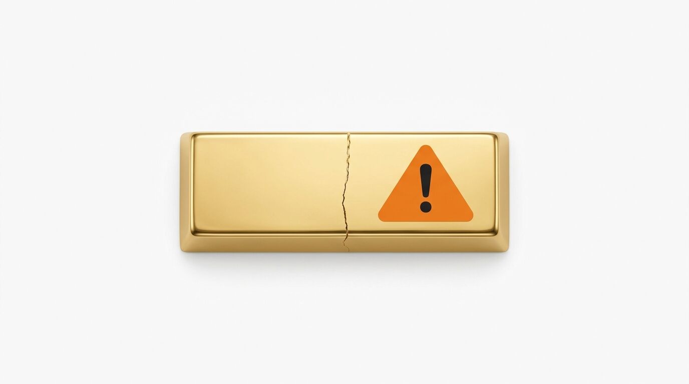 Ein goldener Barren mit einem Riss und einem orangefarbenen Warnsymbol auf weißem Grund