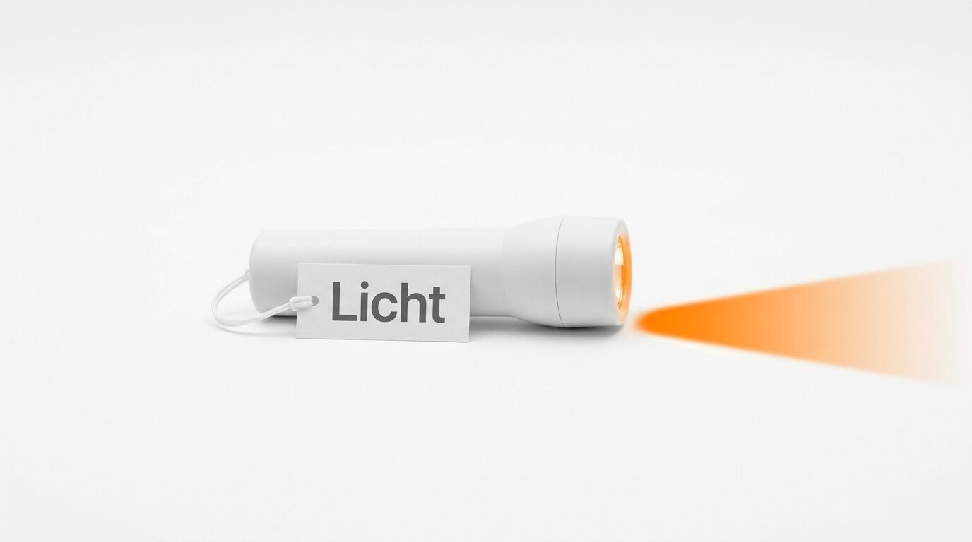 Leuchtende Taschenlampe mit „Licht“-Schild auf weißem Grund