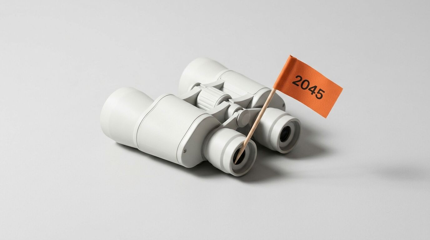 Weißes Fernglas auf grauem Grund mit einer orangefarbenen Fahne, die „2045“ trägt