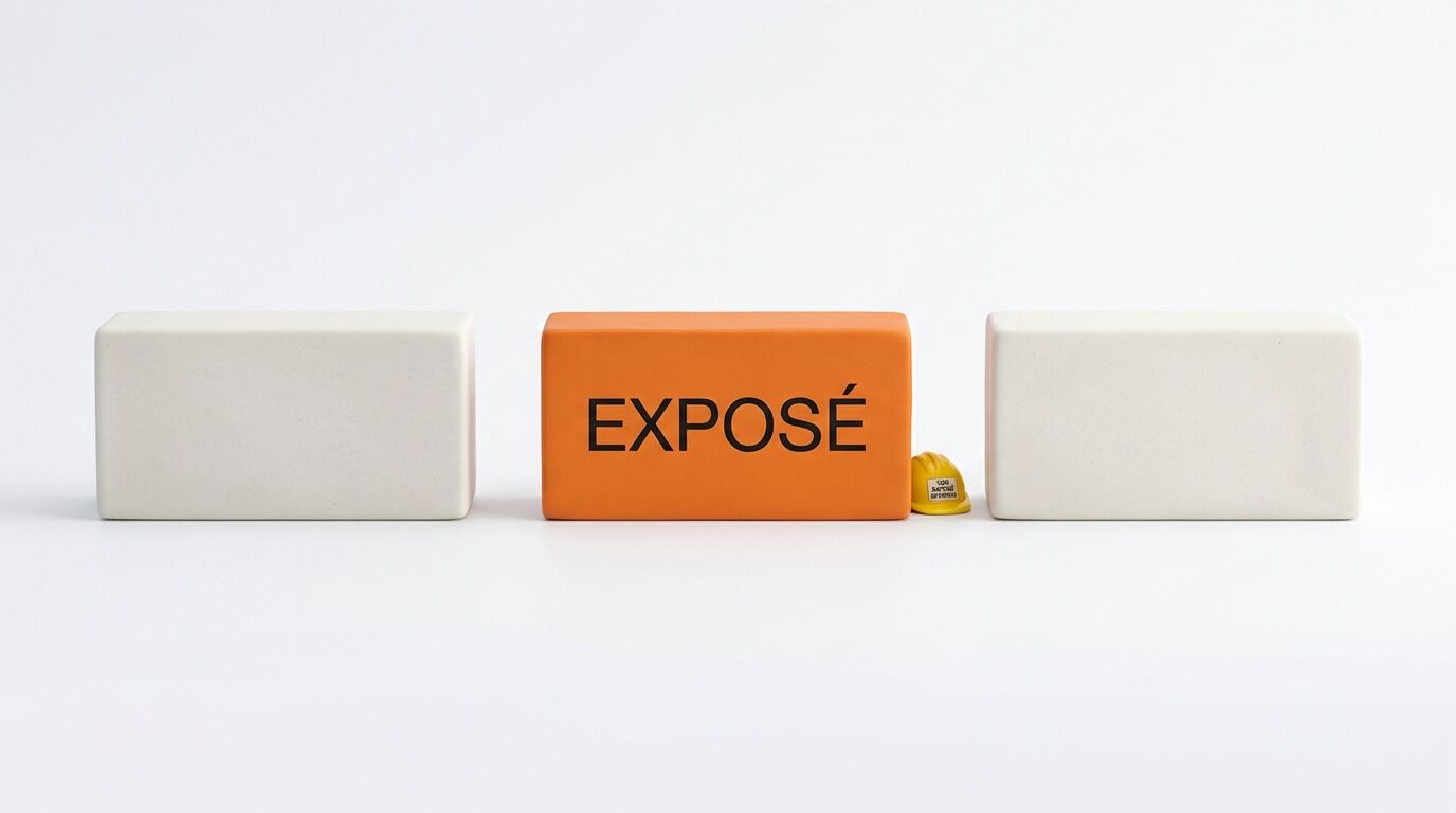 Zwei weiße Blöcke flankieren einen orangefarbenen mit „EXPOSÉ“ und kleinem gelben Helm
