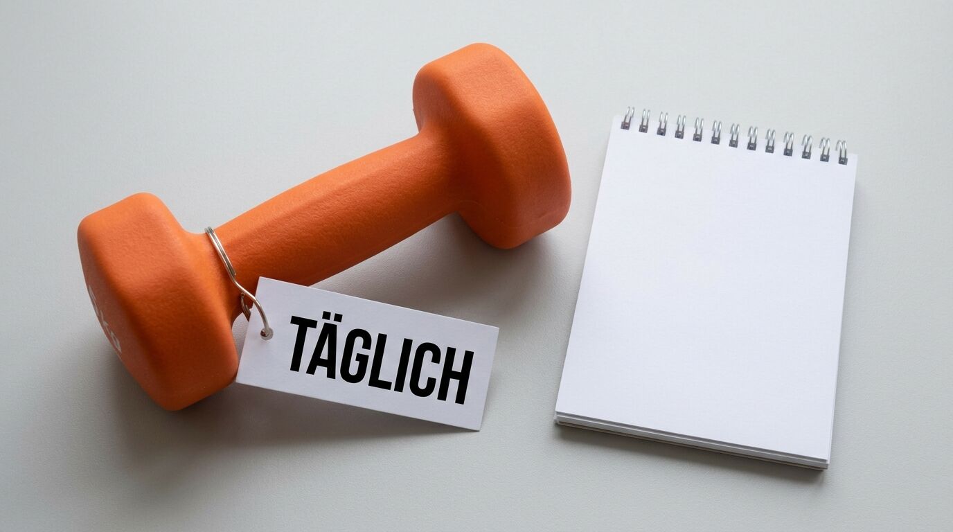 Orangene Hantel mit Anhänger „TÄGLICH“ neben leerem Notizblock auf grauem Grund