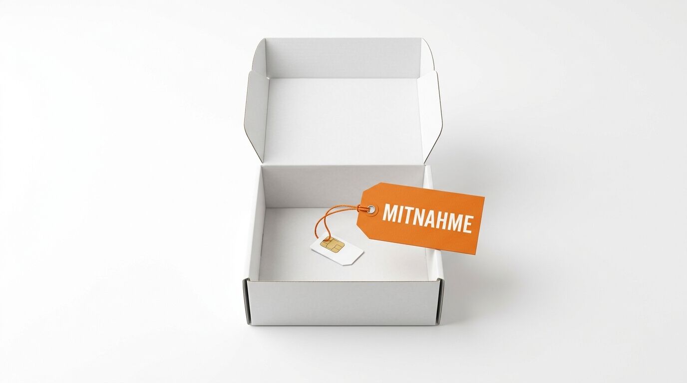 Offener weißer Karton mit SIM-Karte und Anhänger mit Aufschrift „MITNAHME“ auf weißem Grund