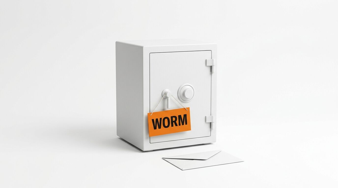 Weißer Safe mit orangeschild „WORM“, daneben ein Briefumschlag auf weißem Grund