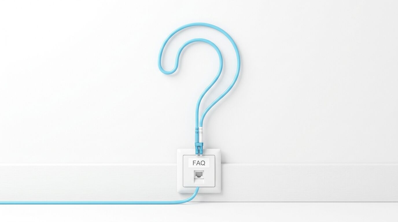 Ein blaues Kabel, geformt als Fragezeichen, steckt in einer FAQ-Netzwerkdose