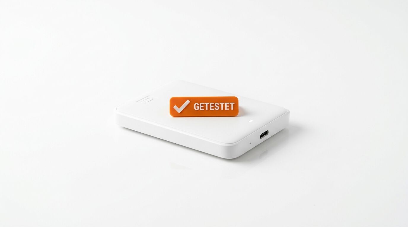Weiße Festplatte mit orangefarbenem Aufkleber „GETESTET“ auf weißem Hintergrund