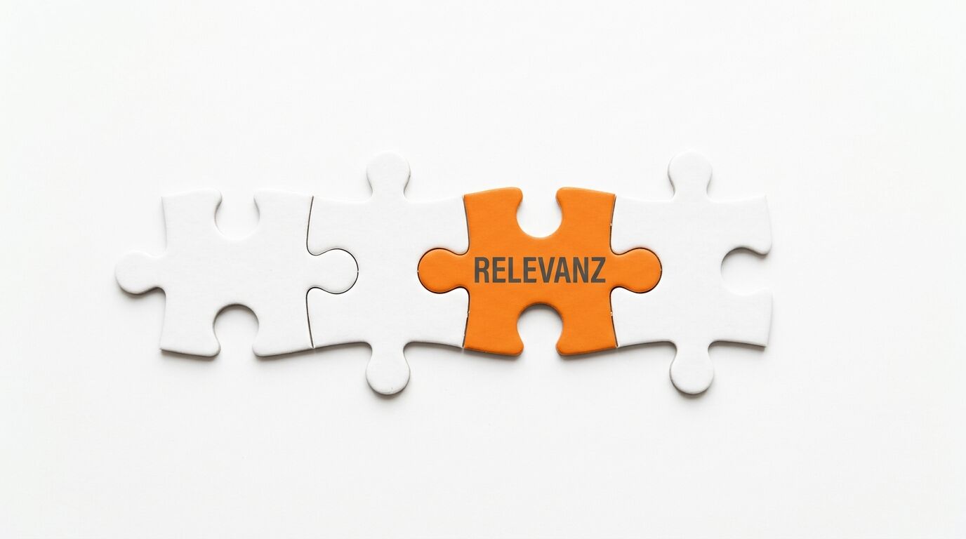 Vier Puzzleteile, davon eines orangefarben mit dem Text „RELEVANZ“ in der Mitte, horizontal angeordnet