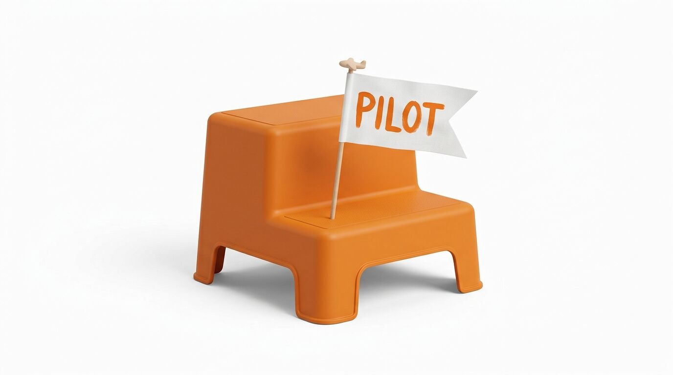Orangefarbener Tritthocker mit weißer Flagge, Aufschrift „PILOT“ in Orange