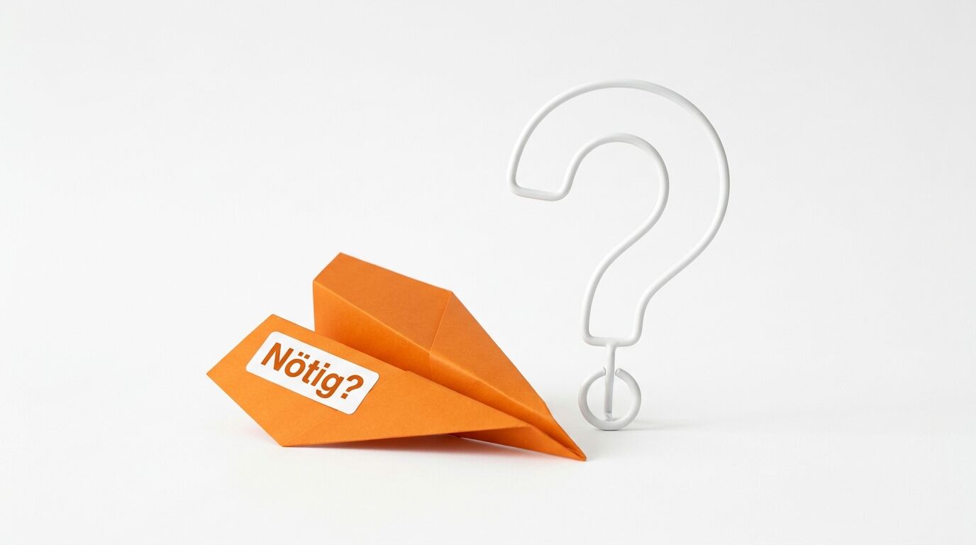 Ein oranger Papierflieger mit „Nötig?“-Schild neben einem weißen Fragezeichen