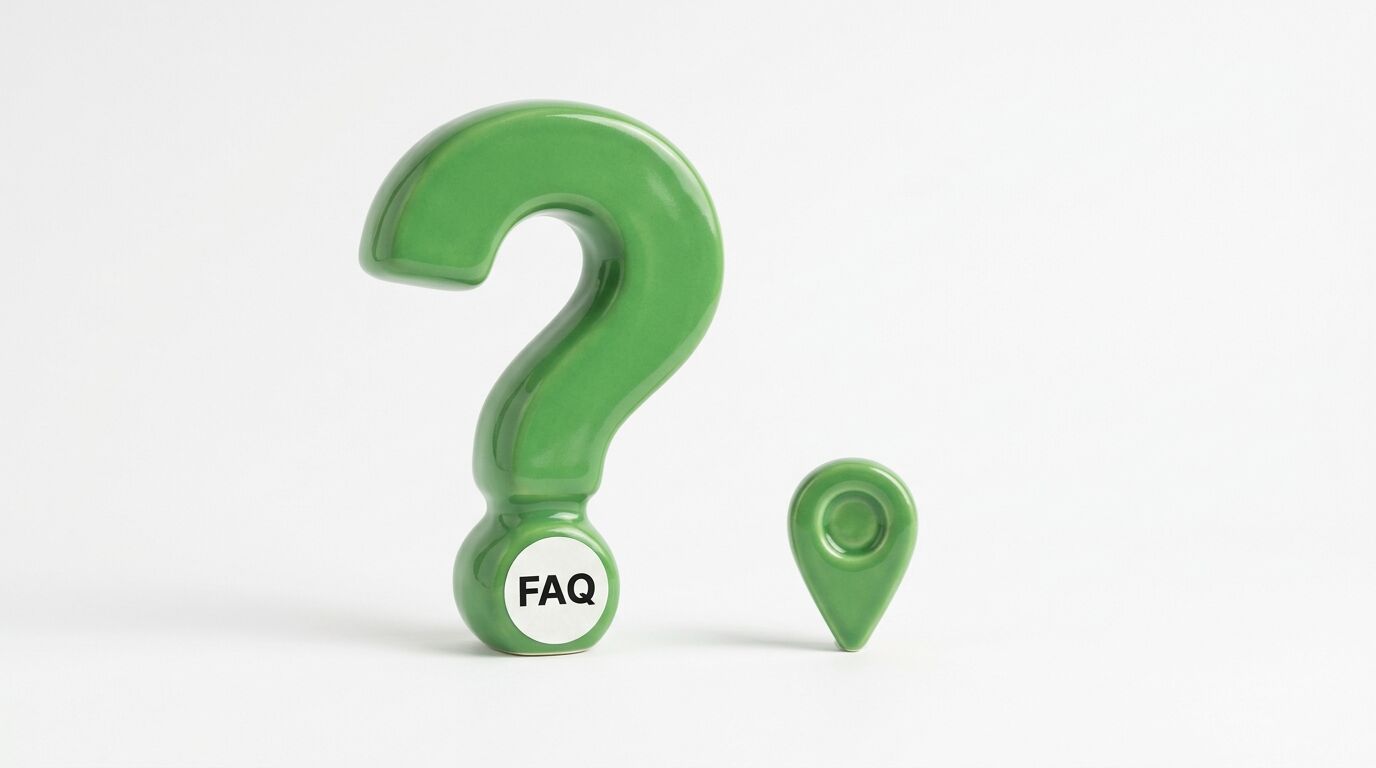 Grünes Fragezeichen mit Aufschrift FAQ und kleiner grüner Standort-Marker