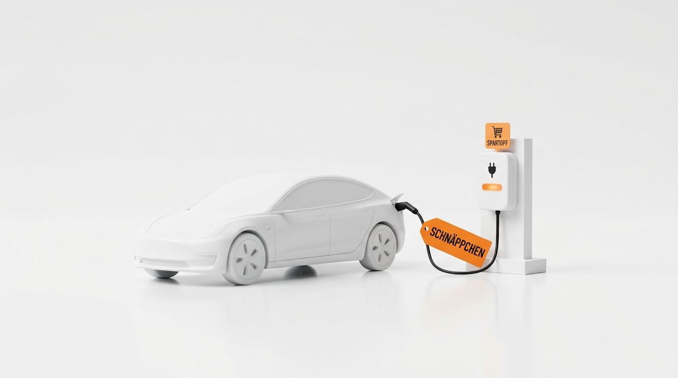Weißes Modell-E-Auto lädt an Säule, Ladekabel mit Preisschild „Schnäppchen“, auf weißem Grund
